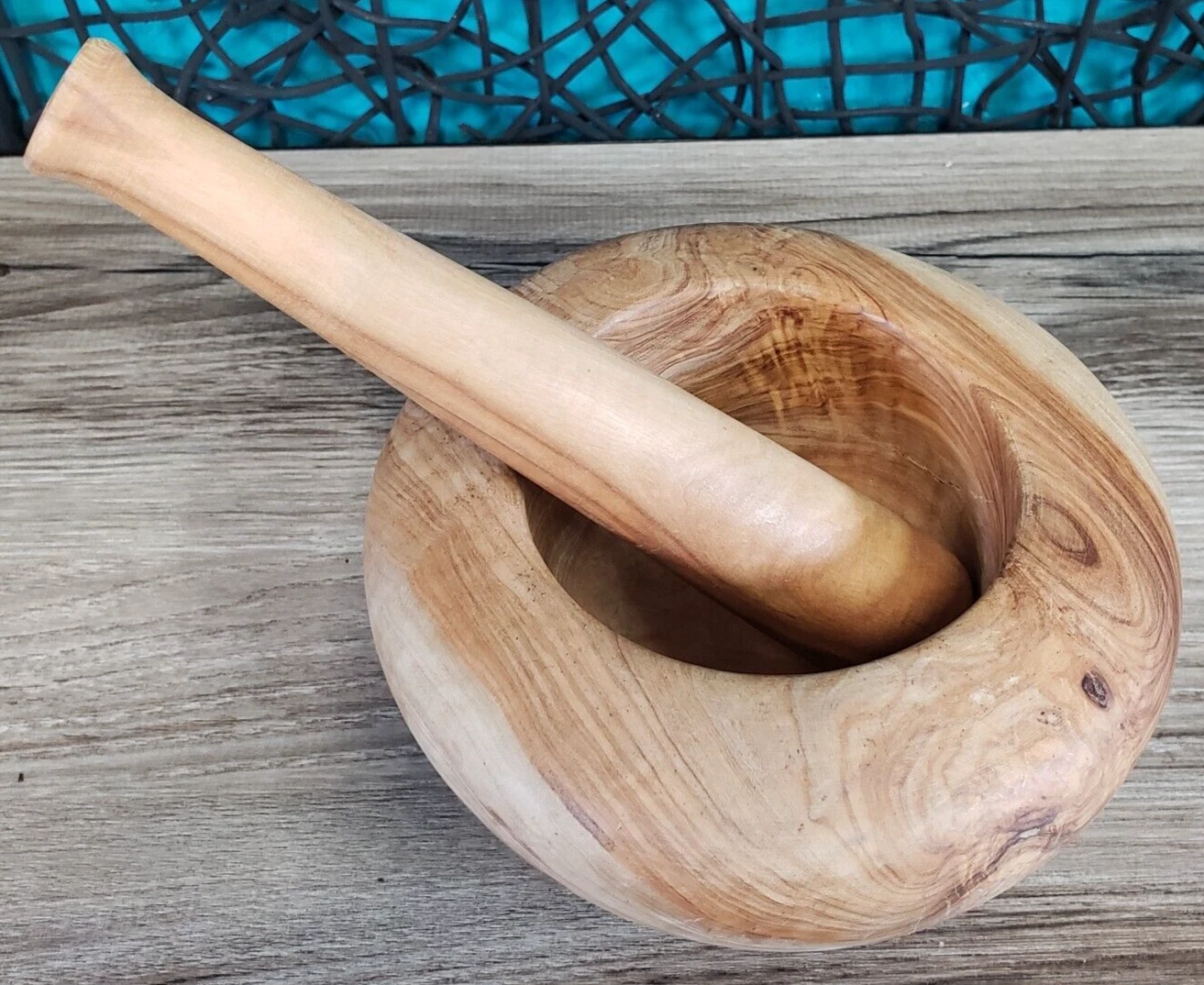 Rustic Wooden ROUND Wood Mortar & Pestle Pantry Apothecary 3.25" TALL X 6" WIDE
