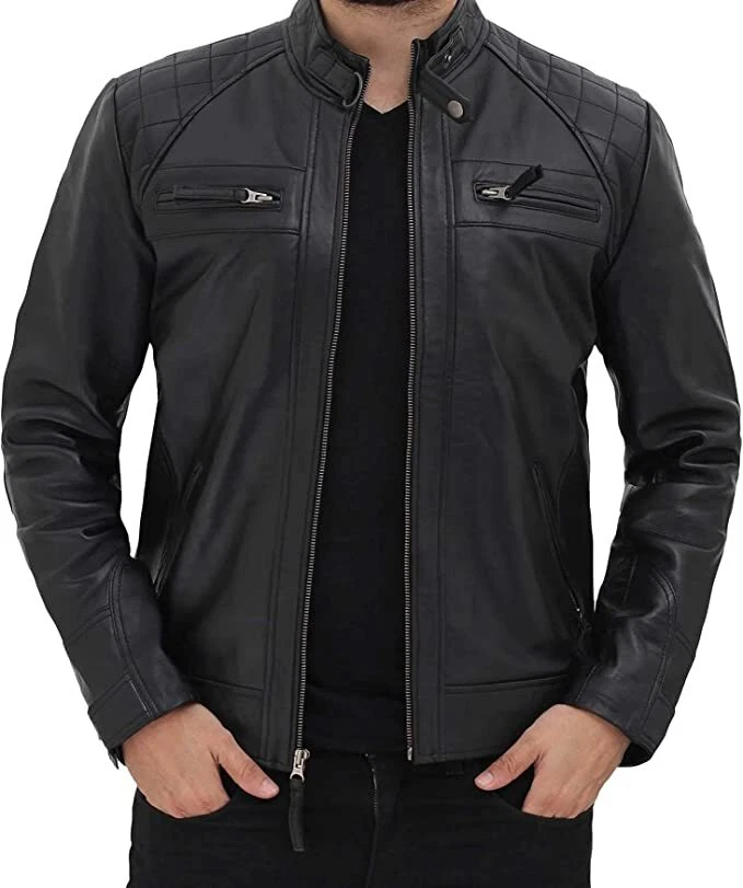 Men's Best Quality Dark-Black 100% Genuine Lambskin Leather Motorcycle Jacket