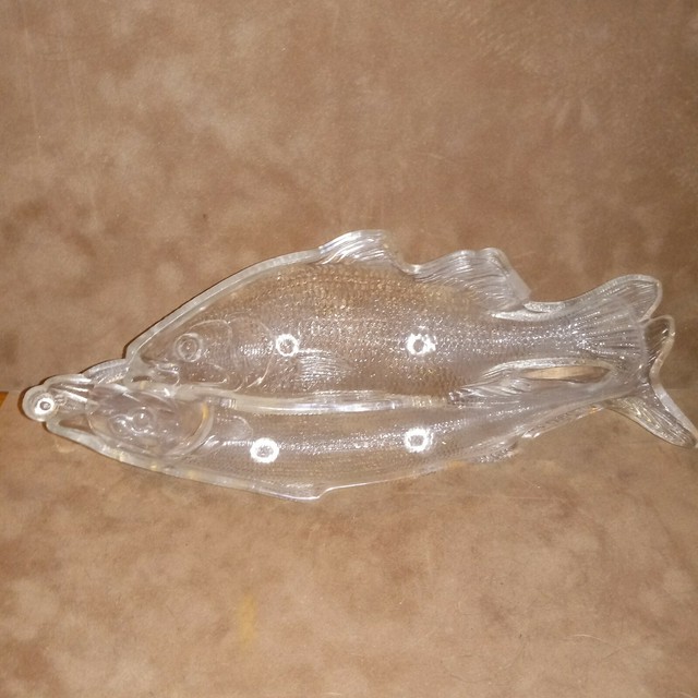 Antique Vintage Clear Glass Fish Serving Tray Dish Bowl Platter Fishing
