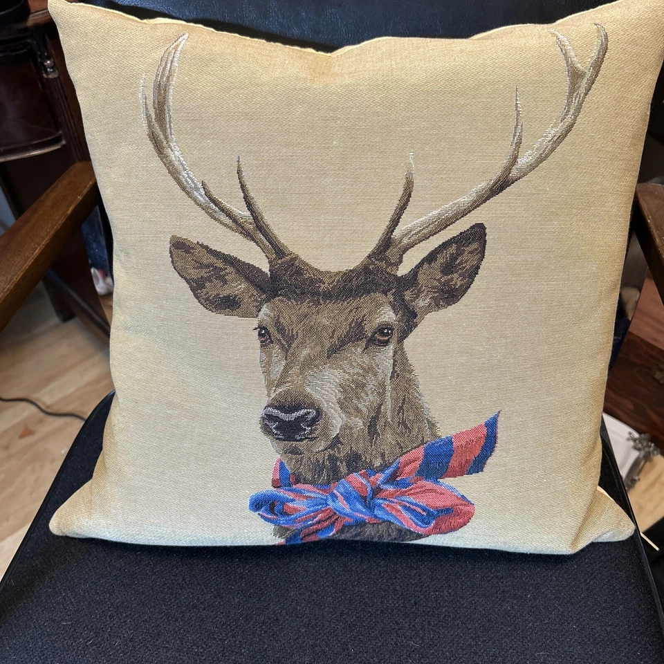 2 Rolande Du Dreuilh Stag Deer 18" Tapestry Toss Pillows Christmas Duck Feathers - Image 2 of 4