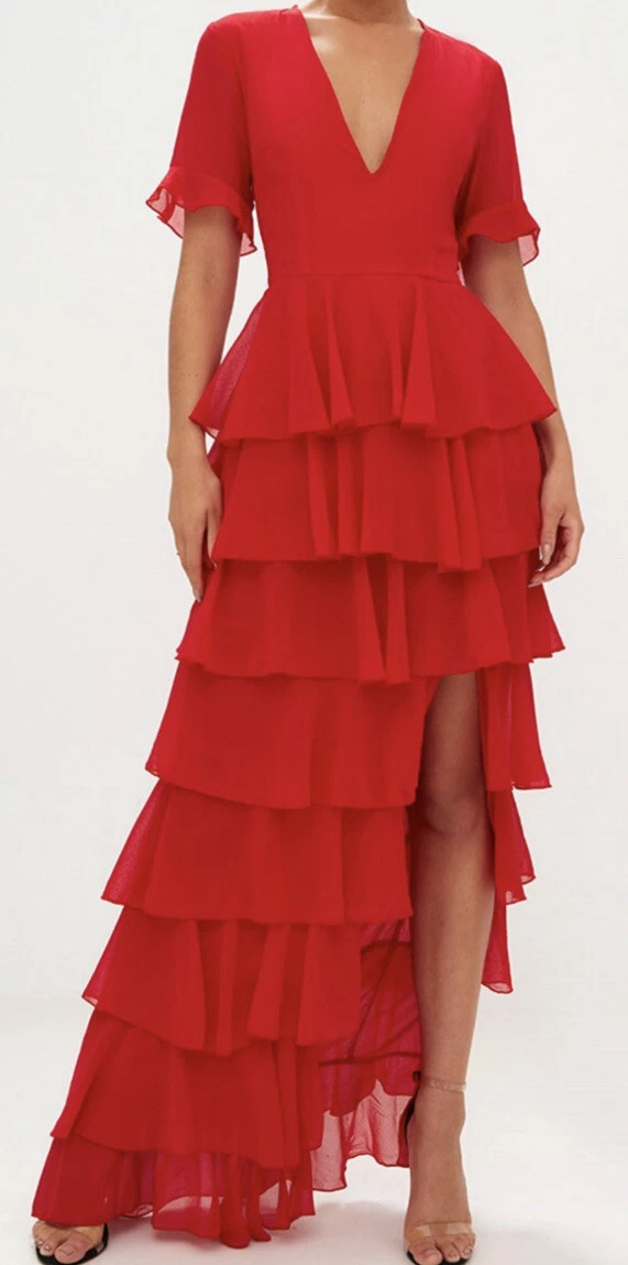 Red chiffon ruffle hotsell layer maxi dress