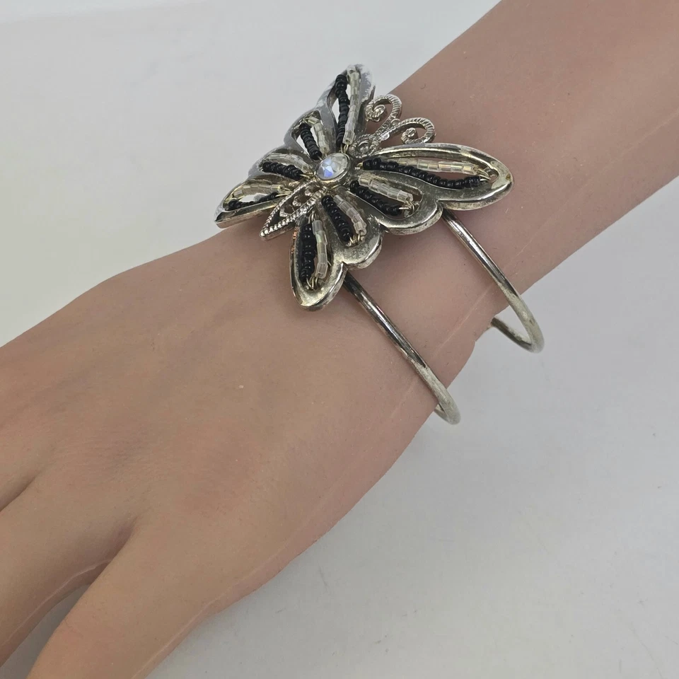 Brazalete brazalete bisagra mariposa con cuentas de cristal vintage 1928 plata 7 pulgadas Foto 3 de 4