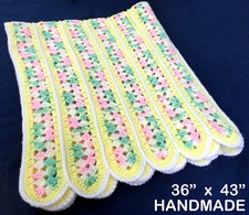 NEW HANDMADE CROCHET BABY BLANKET 43 x 36" YELLOW PINK MINT GREEN WHITE AFGHAN