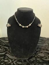 Art Deco Style Black Bead And Crystal Necklace And Earring Set Adj Necklace
