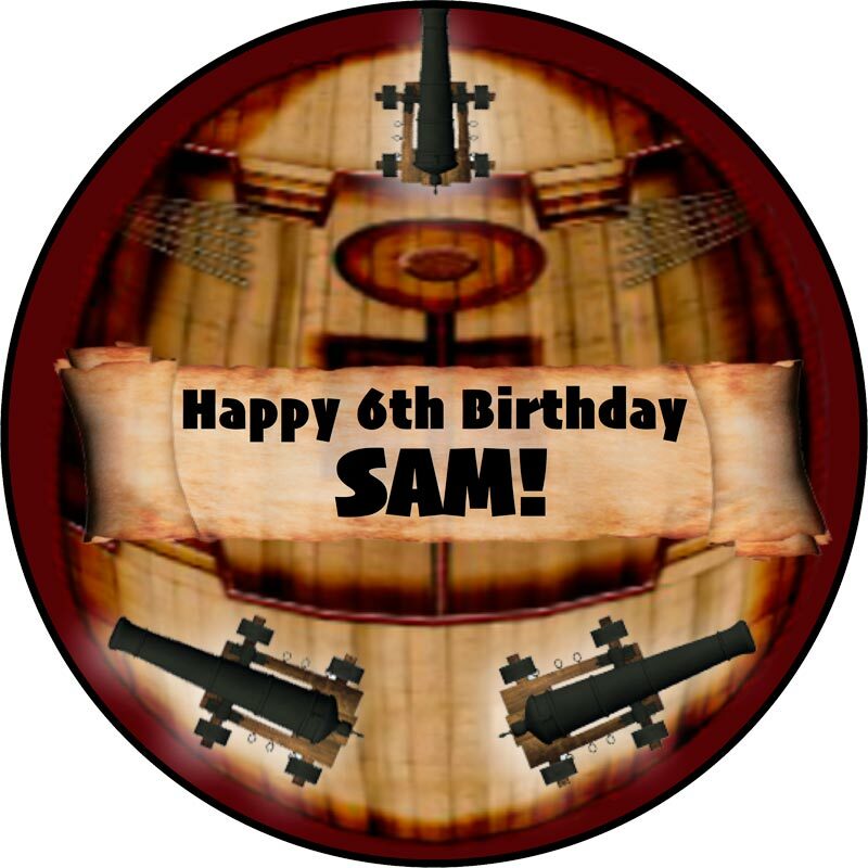 3D PERSONALISED EDIBLE Icing Cake Topper Round PIRATE GALION SHIP