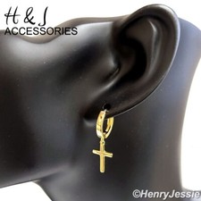 MEN WOMEN REAL 925 STERLING SILVER DANGLE CROSS GOLD PLATED HUGGIE EARRING AG244