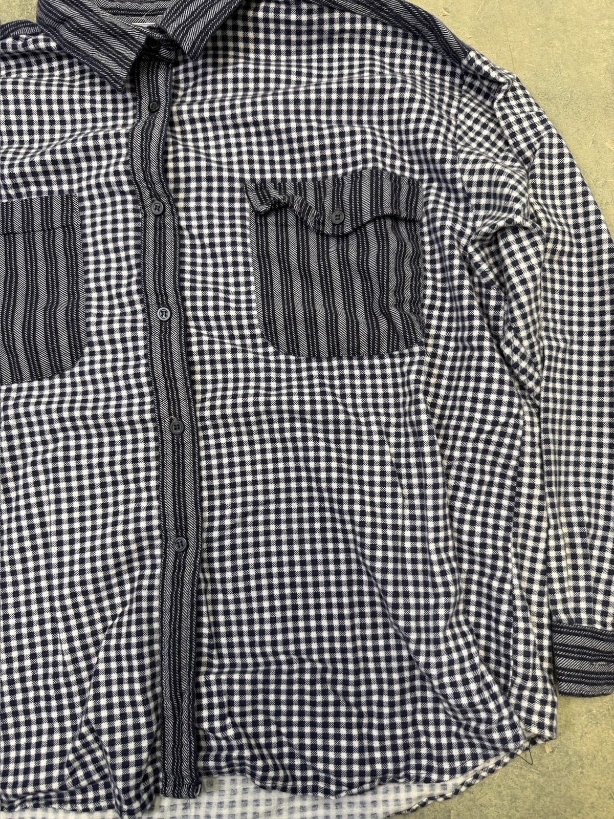 Vintage Patchwork Checkered Button-Up Shirt Navy … - image 2