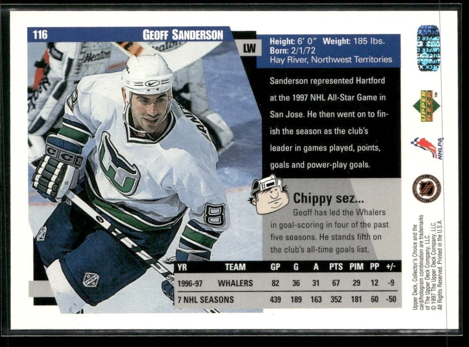 1997-98 COLLECTOR'S CHOICE GEOFF SANDERSON HARTFORD WHALERS #116 - Image 2 of 3