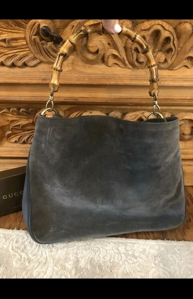 Authentic GUCCI Vintage Gray Suede Leather Bamboo Satchel Tote Bag-RARE-$2000 - Image 2 of 4