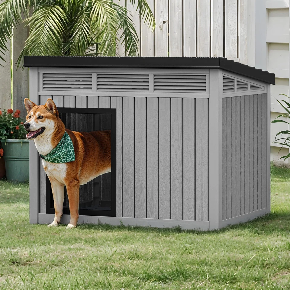 Casa para perros de plástico gris con techo elevable exterior interior perrera para perros con respiraderos de aire Foto 3 de 4