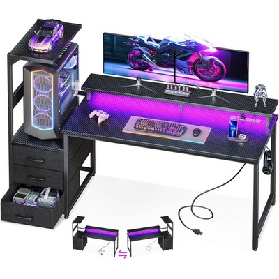 59 Inch Gaming Desk with USB Charging Ports & LED Light- Reversible Computer ...