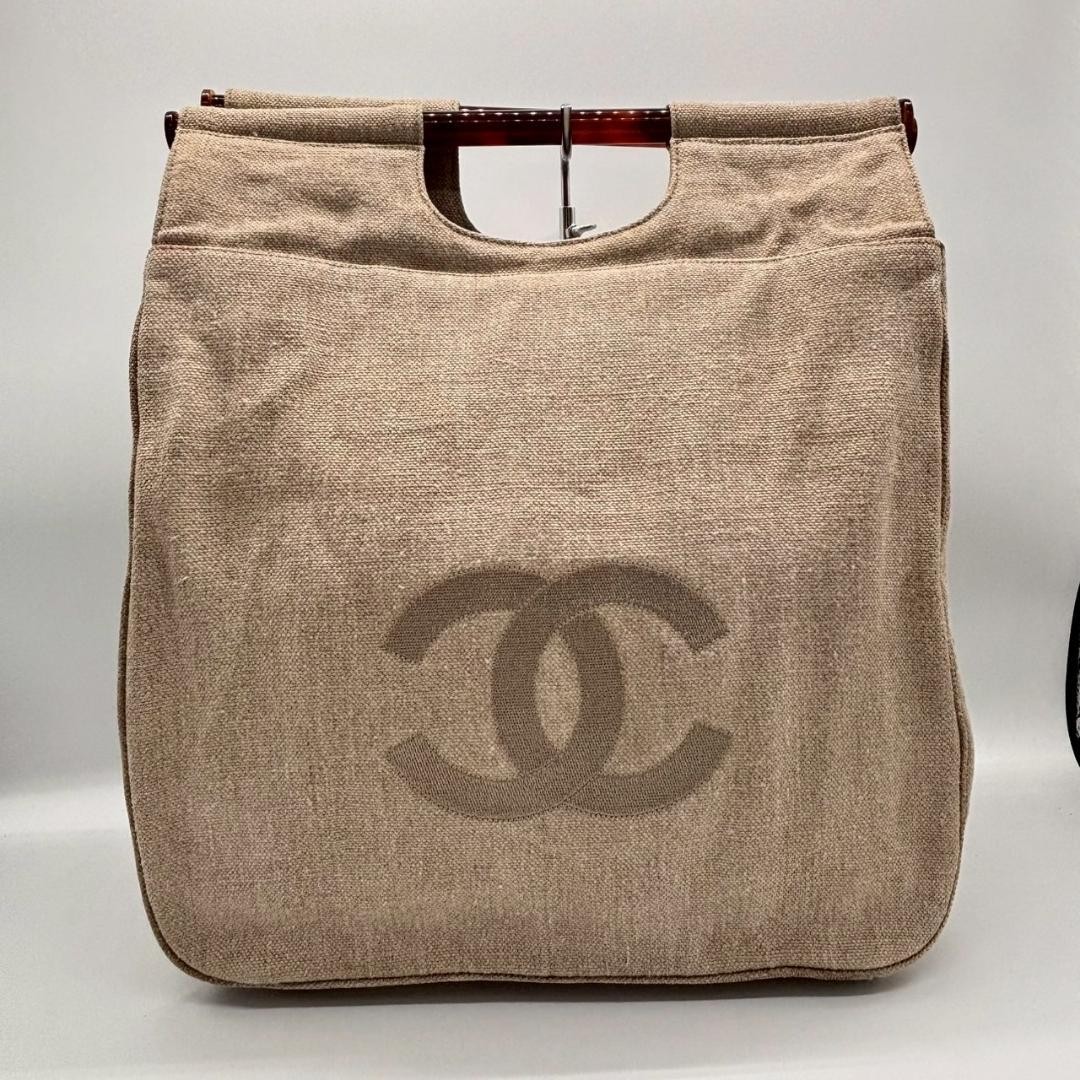 Chanel Beige Linen Tote Bag with Tortoiseshell Handle and Coco Mark