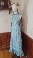 Vintage 1960s/1970s Blue Floral Prairie Hippie Victorian Sleeveless Maxi Dress