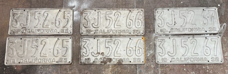 California 1932 License Plates Pair Set Of 3 Consecutive DMV Clear YOM