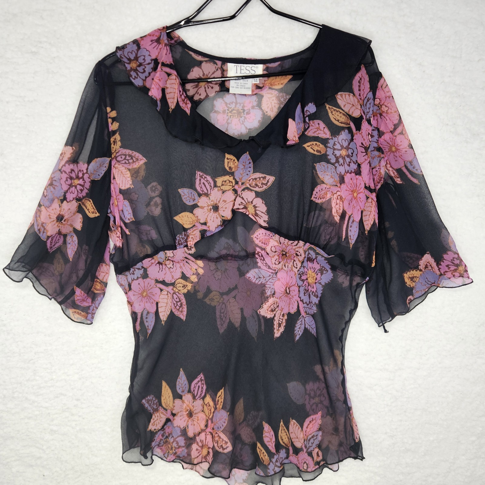 Vintage Tess 100% Silk Floral Ruffle Sheer Romantic Dainty Top Womens Size 14