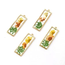 4PCS Gold Tone Real Dry Flower Resin Rectangle Charm Pendant Supply GBY420