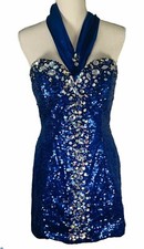 Riva Womens Dress By Lime Blue Sequin Beaded Halter Style Draped Back