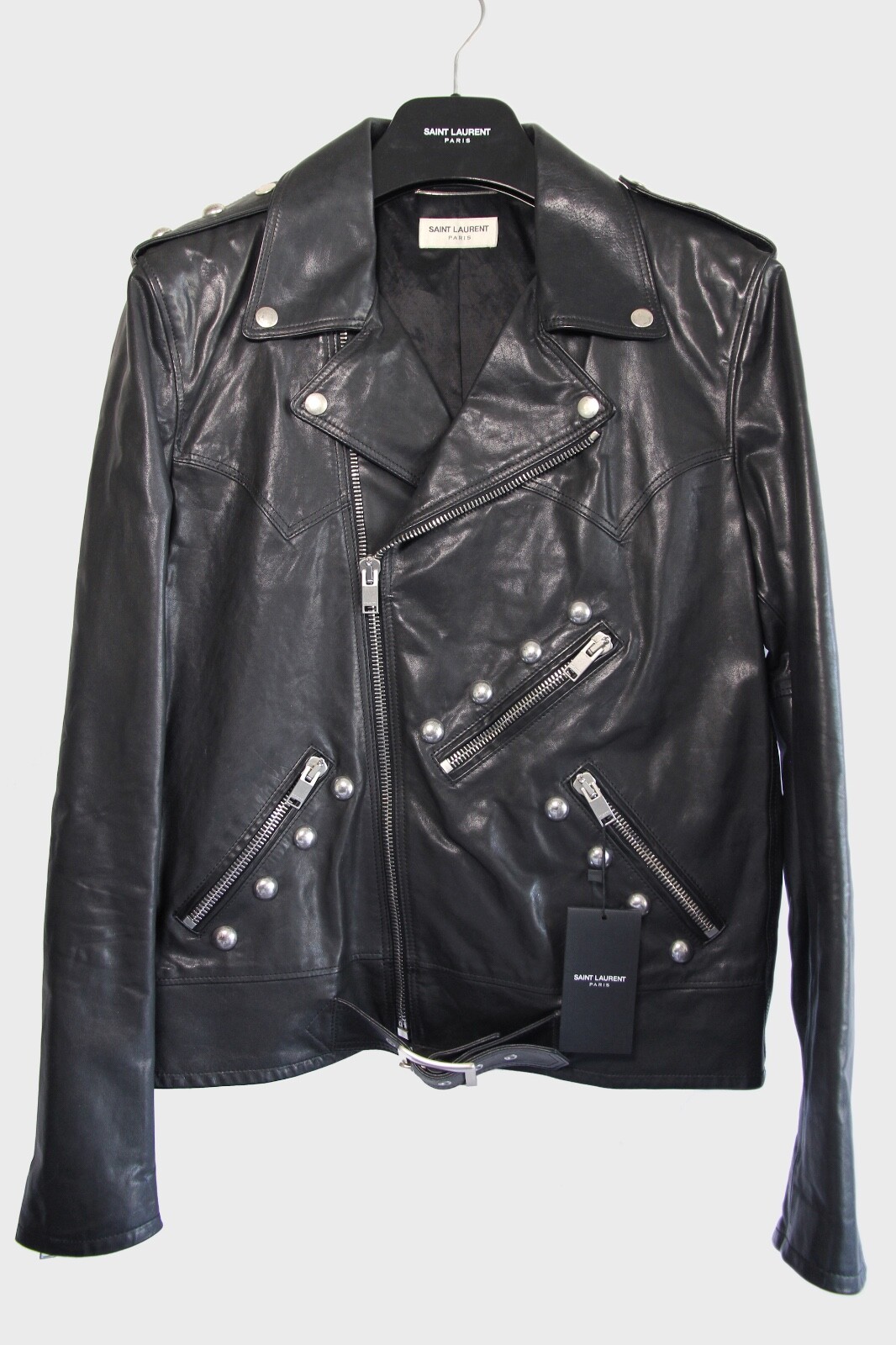 Giacca di Pelle Saint Laurent Nero Borchie Biker Hedi Slimane Paris SS15 50 48