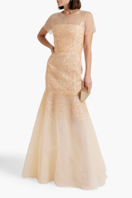 BRAND NEW CAROLINA HERRERA SEQUIN-EMBROIDERED TRUMPET GOWN IN PASTEL ORANGE