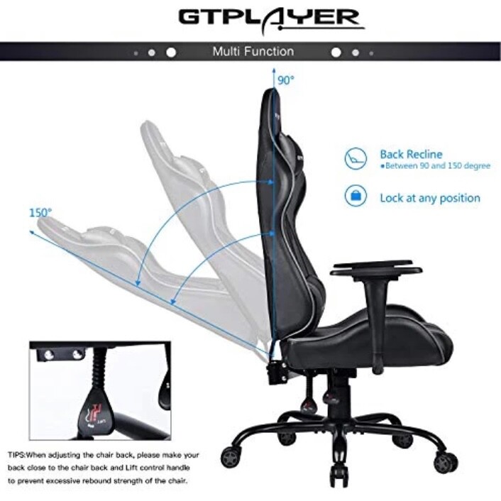 GTPlayer Gaming Office Desk Chair Black Grey Leather Ergonomic