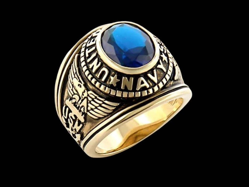 UNITED STATES NAVY GOLD RING W/ BLUE STONE USMC MILITARY   SIZE 8-13 - Picture 1 of 1