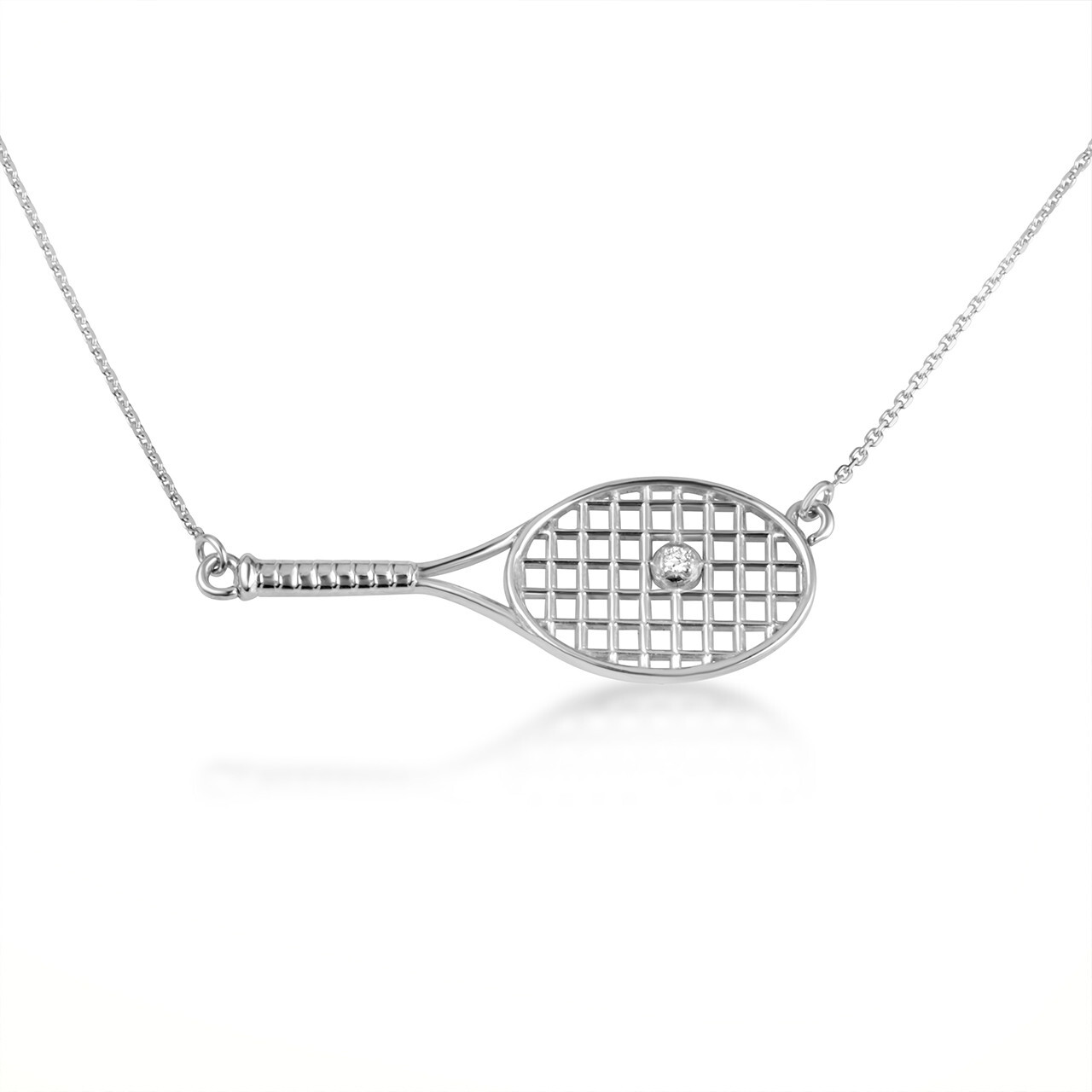 .925 Sterling Silver Cubic Zirconia Tennis Ball & Racket Sports Necklace