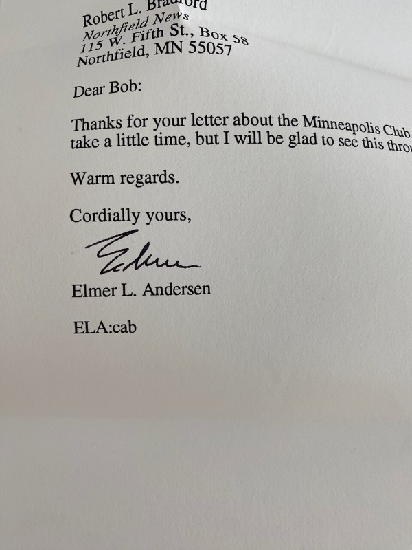 Elmer L. Andersen Governor Minnesota MN Signed Letter Authentic Signtures 2 Lett