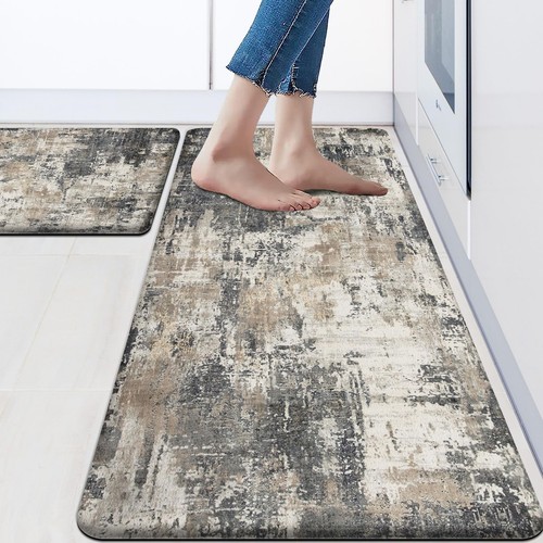 Modern Abstract Kitchen Rugs 2 Pieces Blue Grey Mat Cushioned Anti Fatigue Ma...