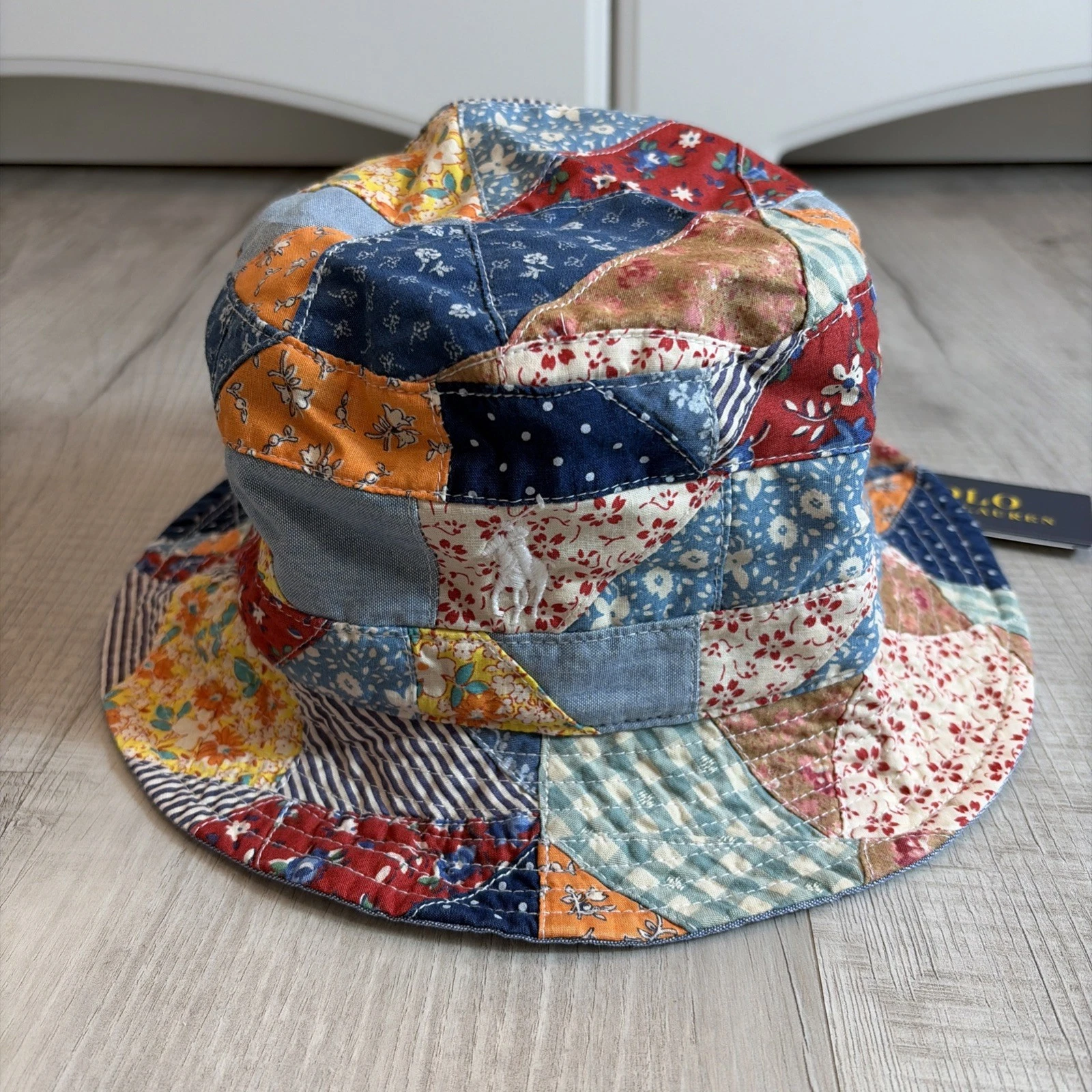 NWT POLO RALPH LAUREN COTTON PATCHWORK BUCKET HAT SZ L / XL TEXTILES RARE Y2K