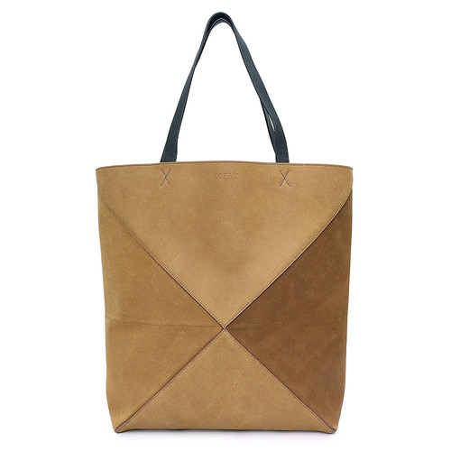 LOEWE Puzzle Fold Tote XL B779Q18X23 Cognac Brown Black Suede Grain Calf #807