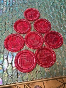 60s SET OF 8 Jewel Plastic Coasters GEM RIM Red Barware Vintage