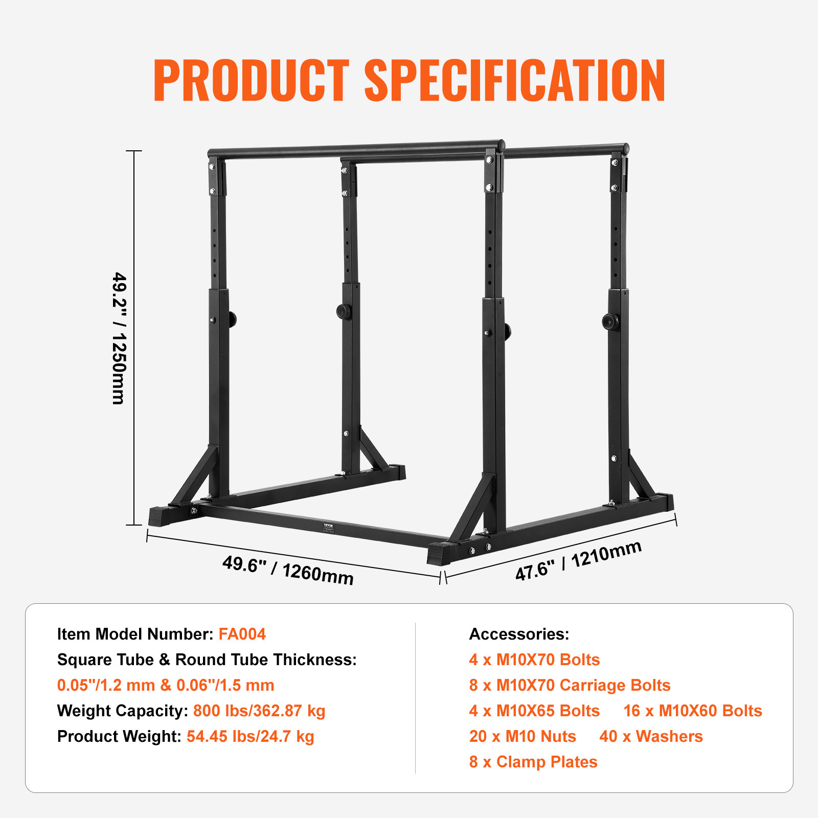 VEVOR Dip Bar Dip Stand Station 800 lbs Adjustable Height for Strength Training