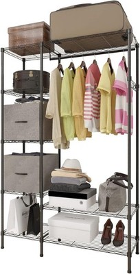 6 Tiers Wire Garment Rack Metal Clothing Freestanding Wardrobe with 2 Fabric