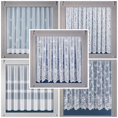 White Lace Window Net Curtains Rod Slot Ready to Use Sold By the Metre 11 Drops  - Image 1 of 2