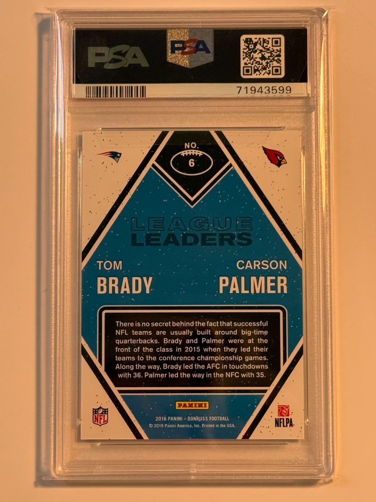 TOM BRADY 2016 PANINI DONRUSS LEAGUE LEADERS #6 PSA 10 GEM MINT POP 18 view 2
