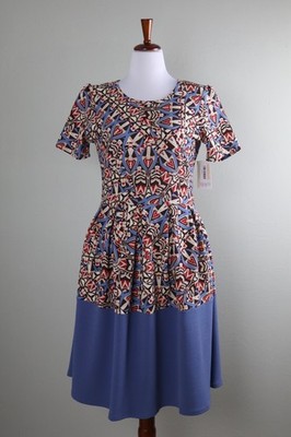 LULAROE NWT Textured Stretch Border Hem Blue Brown Geo Amelia Dress Size Large