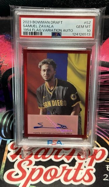 Samuel Zavala 2023 Bowman Draft 1954 Flag Variation Red Refractor Auto /5 PSA 10