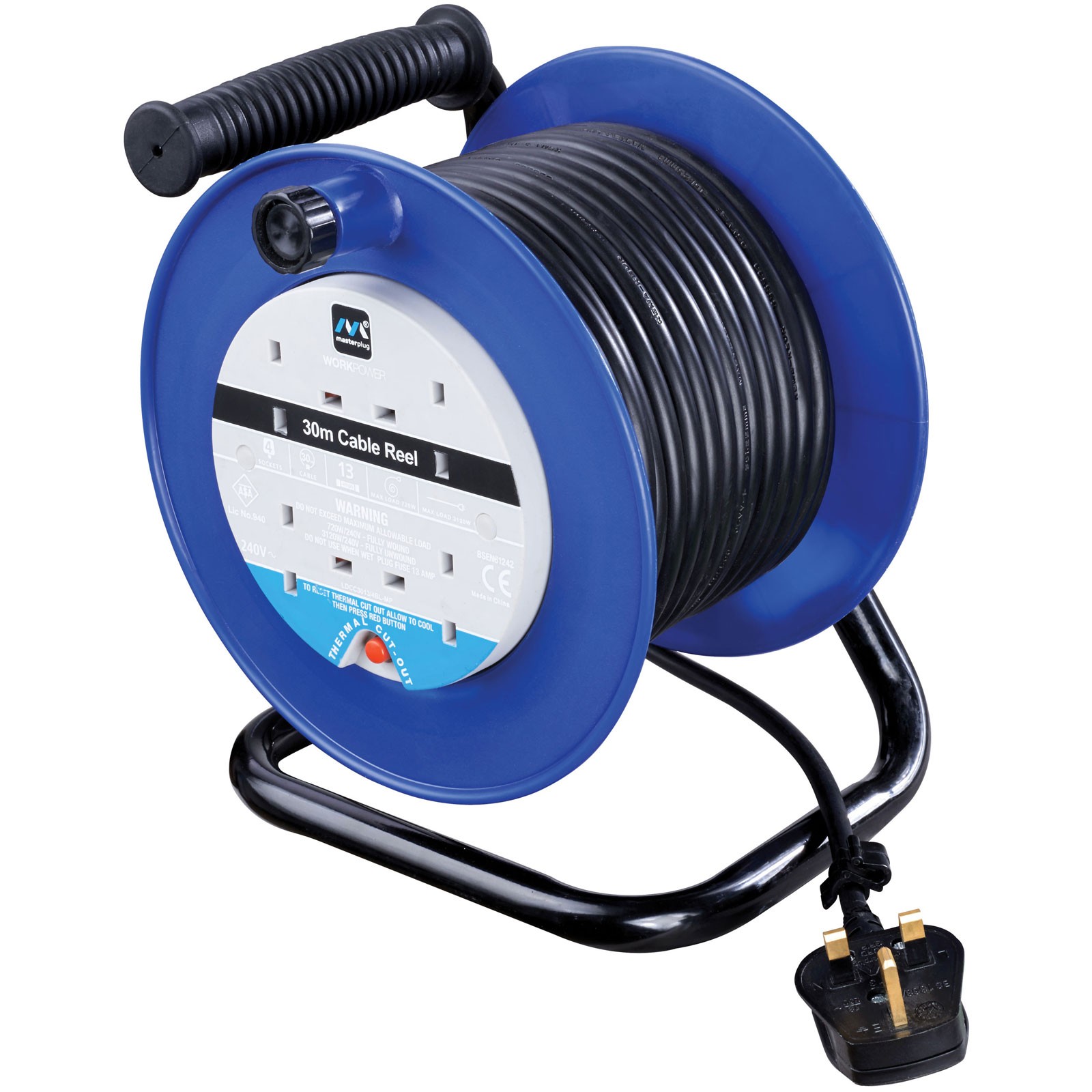 Masterplug HDuty Cable Reel 240V 13A 4-Socket Thermal CutOut 30m