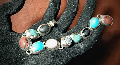 VINTAGE SOUTHWESTERN STERLING SILVER TAXCO MEXICO OVAL MULTI-STONE LINK BRACELET - Picture 2 of 6