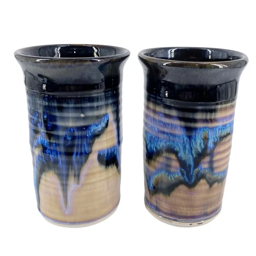 2 Vtg Hanselmann Studio Art Pottery Drip Glaze Blue Tan 5.5” Pint Tumbler Signed