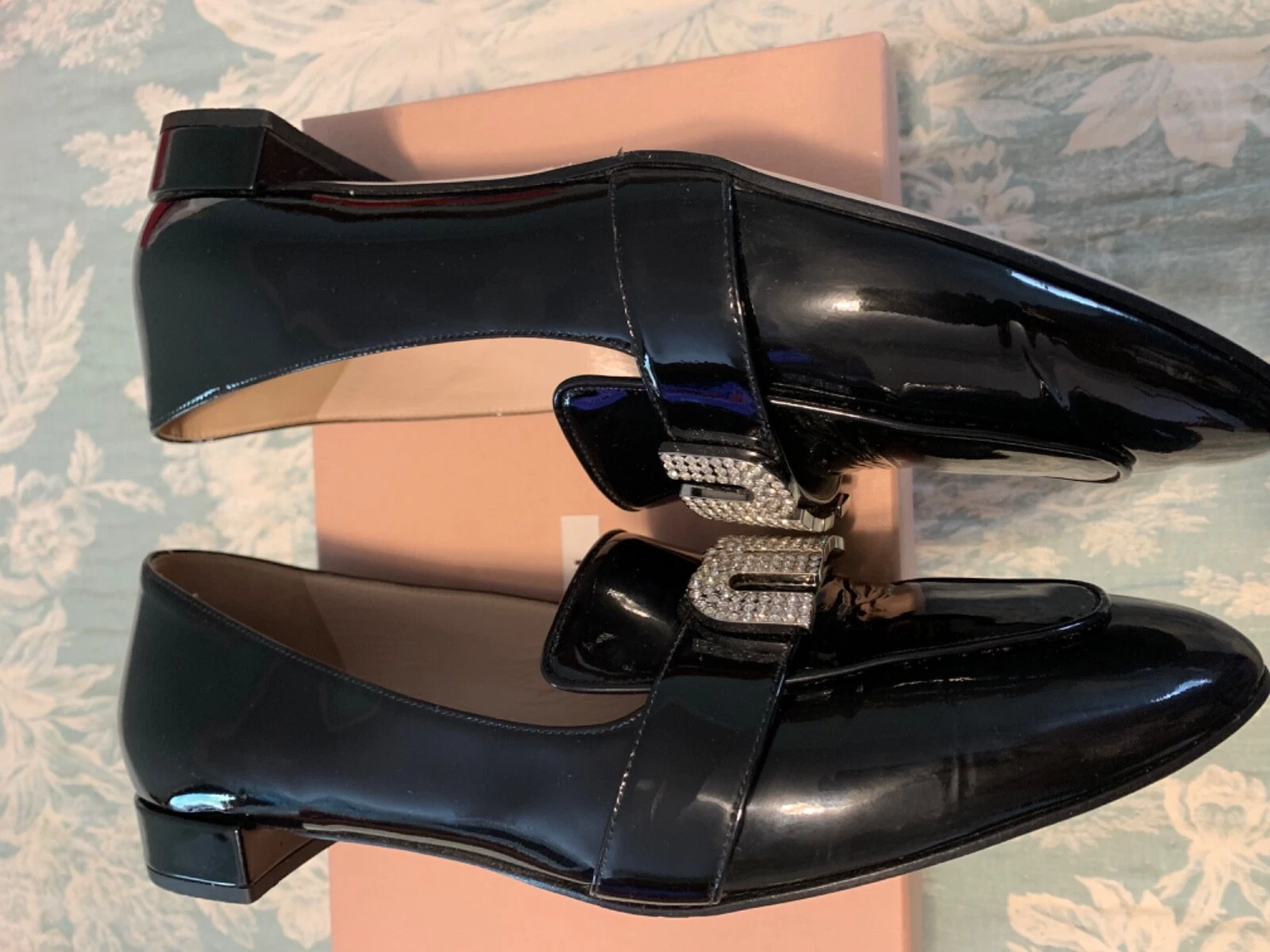 MOCASSINI GIOIELLIZZATI MIU MIU VERNICE IN PELLE VERNICIATA CRISTALLO NERO TAGLIA EU41 $795