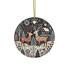 Ceramic Winter Reindeer Ornament - Folk Art Christmas Scene