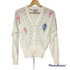 Vintage 70s White Cardigan Sweater Button Front Belted Feminine Floral Pointelle