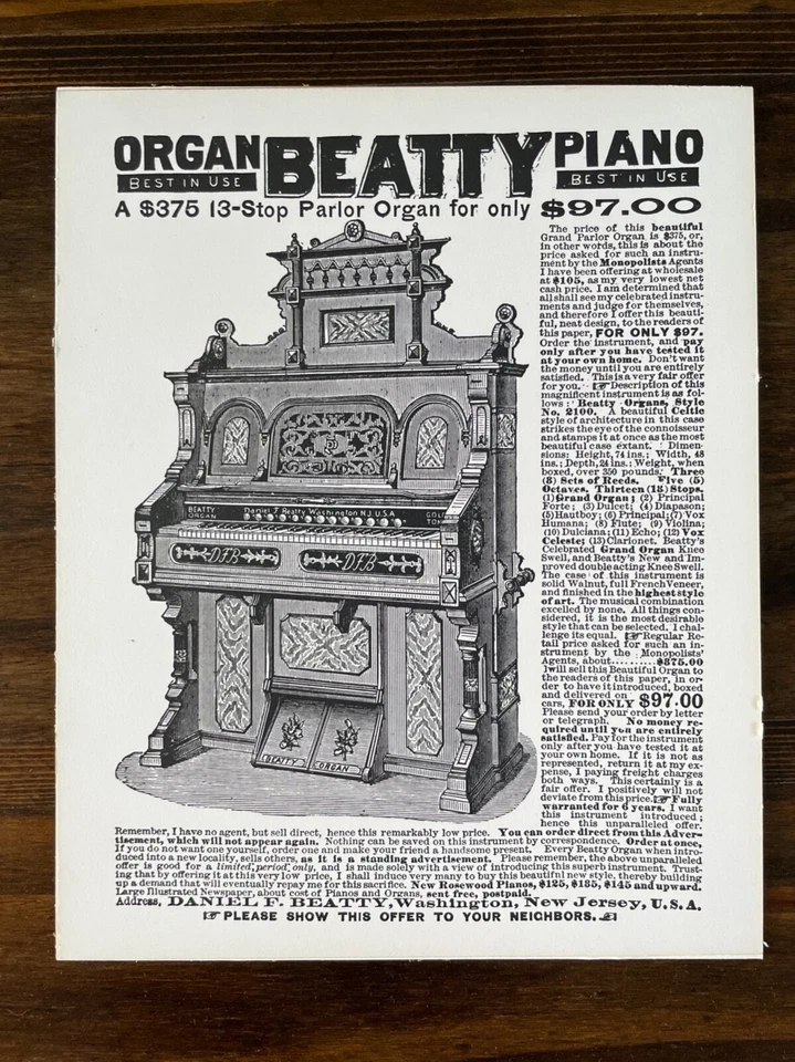 Daniel F. Beatty Organ & Piano $97.00 Vintage Advertising Promotional Sign 8x10" - Image 2 of 3