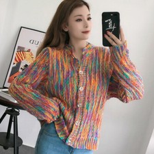 Women Rainbow Knitted Cardigan Sweater Jumper Jacket Coat Button Knitwear