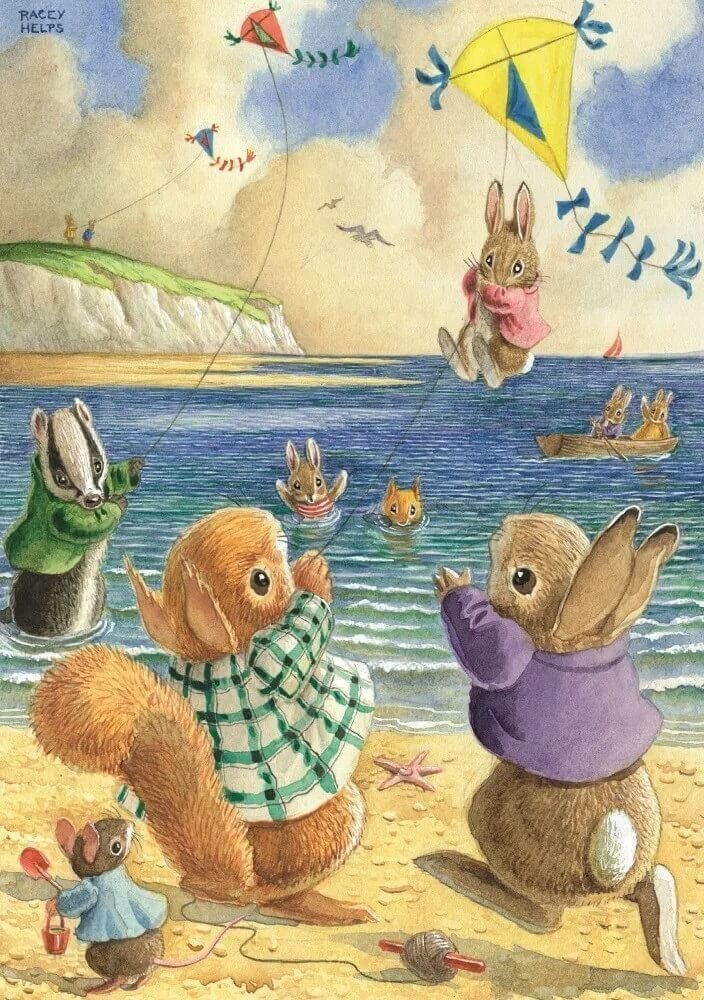 Vintage Birthday Card Bunnies Kite Flying - Beautiful Nostalgic Greeting Card