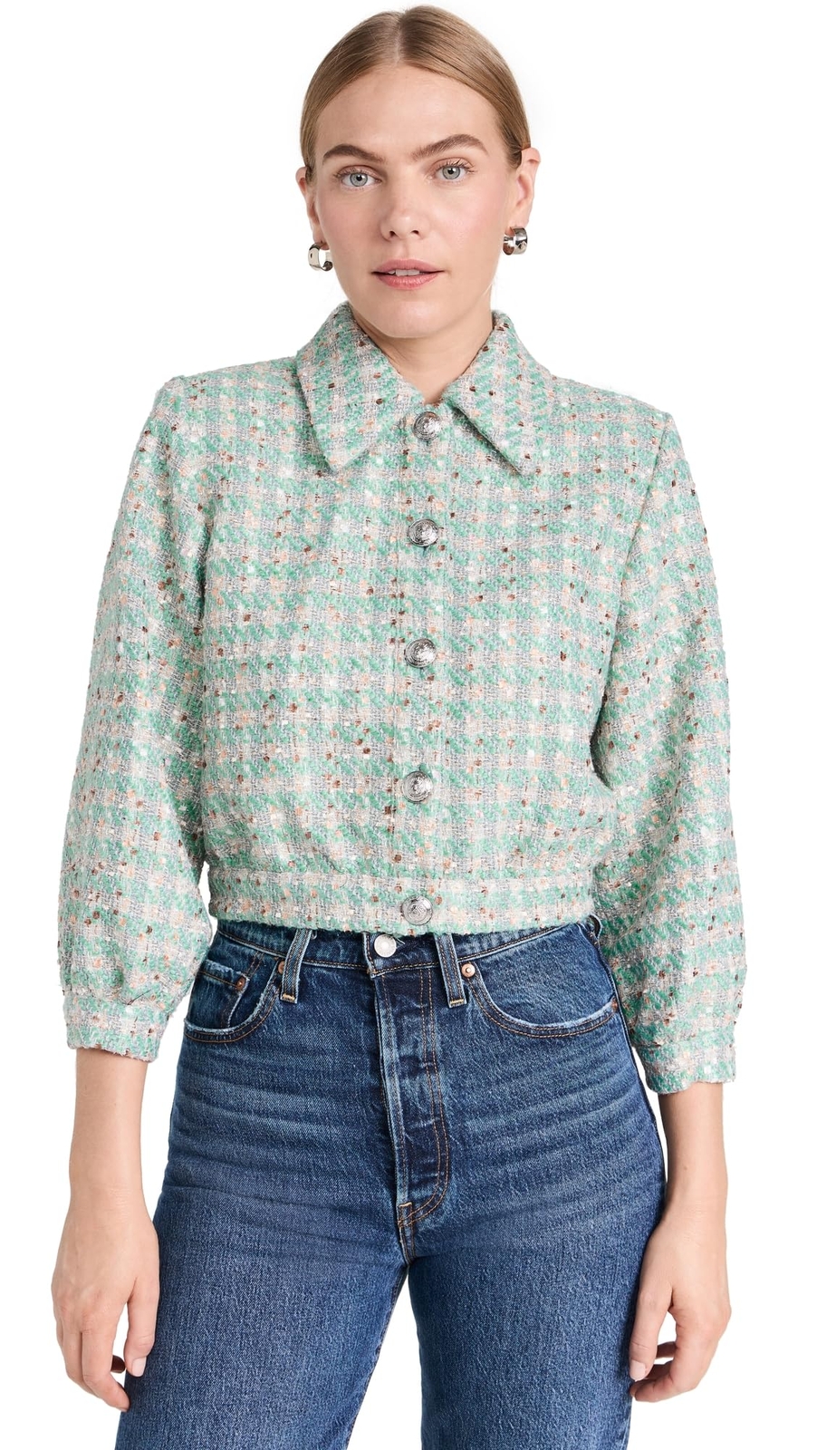 L'AGENCE Women's Bridges Crop Jacket, Neutral/Sage Multi Tweed, Size 6