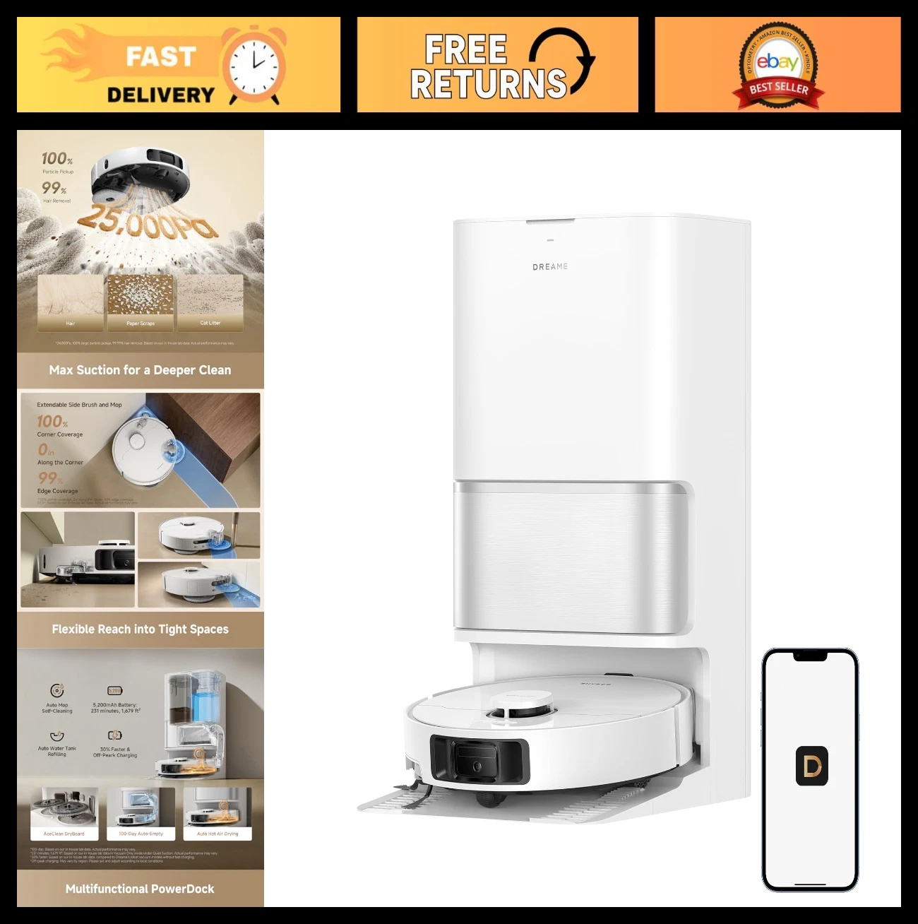 Ultra Powerful Robot Vacuum & Mop 25,000Pa Suction, Self-Emptying Dock, App Cont