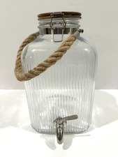 2 Gallon Ribbed Clear Glass Beverage Dispenser w Acacia Wooden Lid & Rope Handle