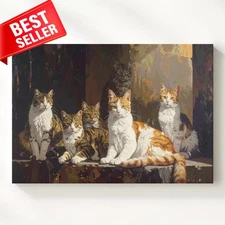 Canvas Classical Feline Group Portrait Dramatic Step World Five Cats Wall Art
